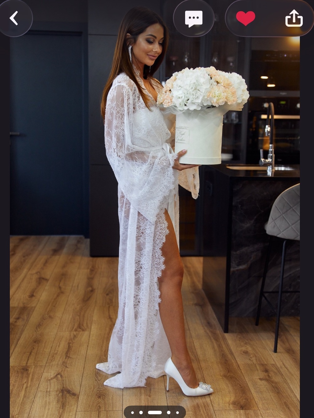 NWT Long Chantilly Lace Robe - White